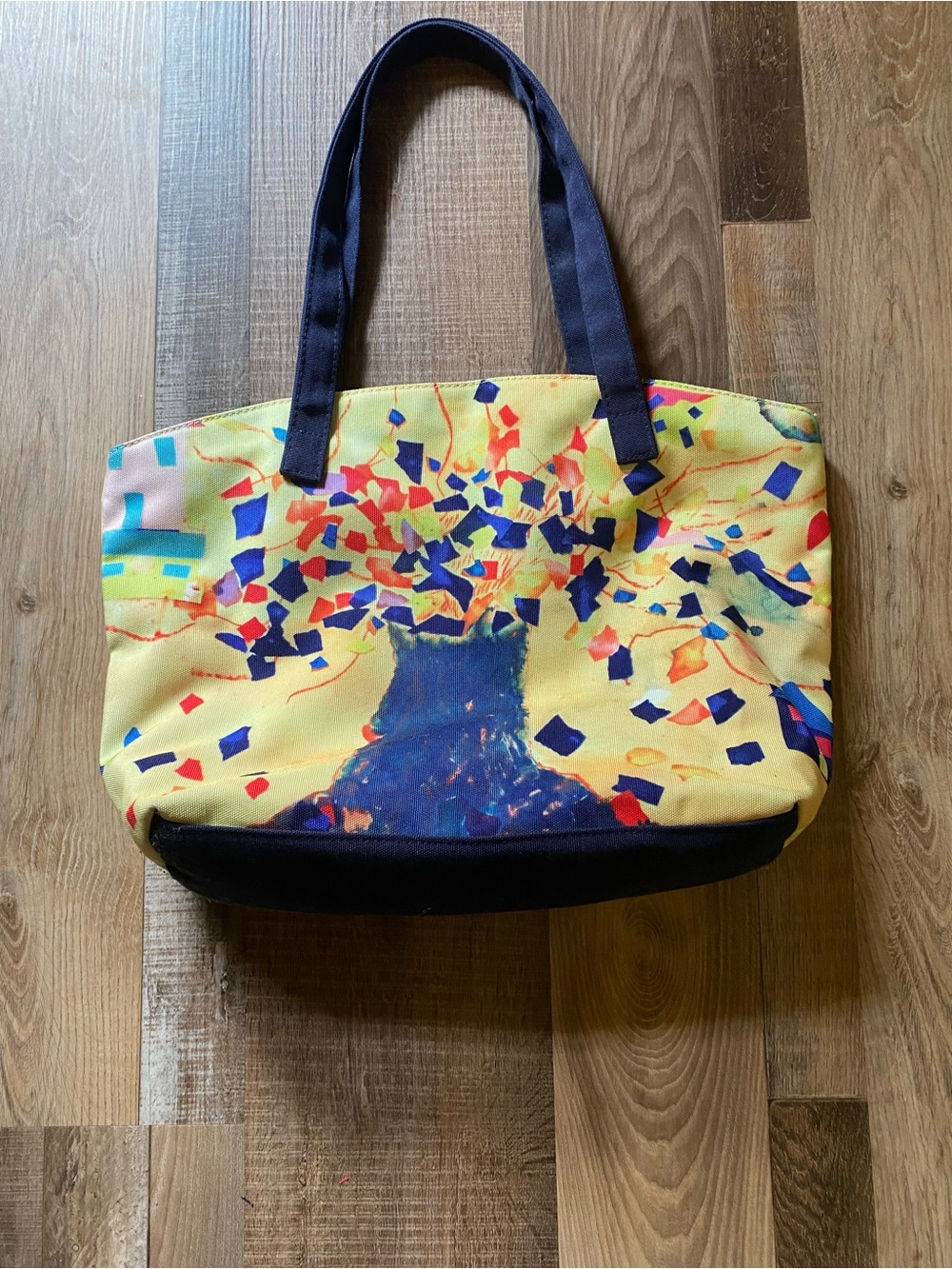 Source Unknown Yellow Canvas Tote with Navy Accents and Multicolor Print